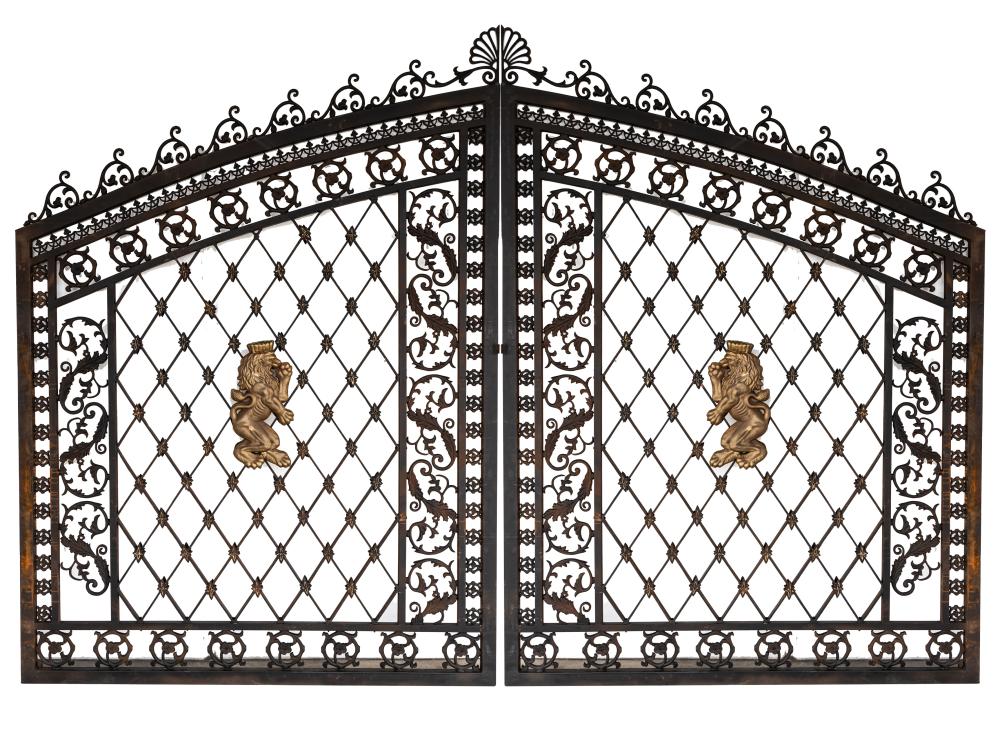 Appraisal: PAIR OF WROUGHT IRON LION-MOTIF ESTATE GATESeach gate inches wide