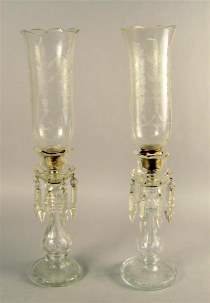 Appraisal: Pair of clear cut glass hurricane lamps H in Of