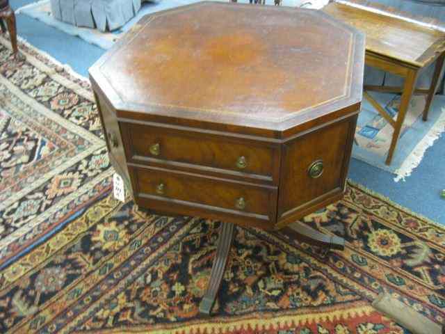 Appraisal: Mahogany Leather Top ''Drum'' Table octagon with drawers shelves Duncan-Phyfe