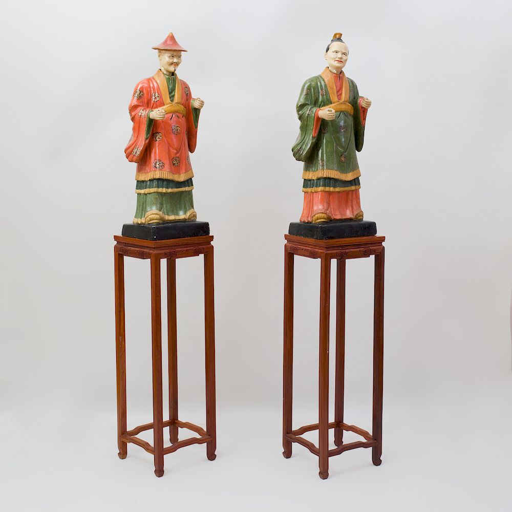 Appraisal: Pair of English Painted Composition Chinese Nodding Head Figures Raised