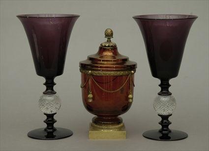 Appraisal: Neoclassical-Style Gilt-Brass Mounted Cranberry Glass Covered Urn Together with two