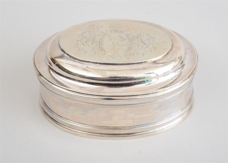 Appraisal: QUEEN ANNE ARMORIAL SILVER OVAL BOX AND COVER David Willaume