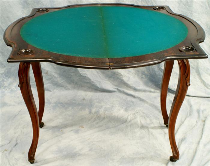 Appraisal: Rosewood Rococo Victorian gaming table fold over swiveling serpentine top