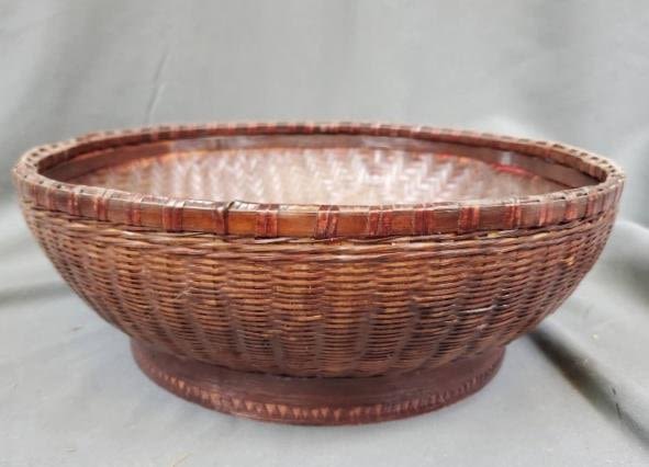 Appraisal: Antique Chinese woven bamboo basket with geometric pattern and carved