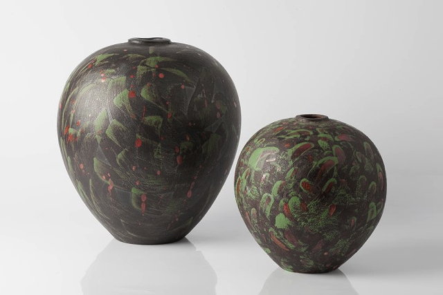 Appraisal: Geoffrey Eastop British - Two vasesblack glaze with painted green