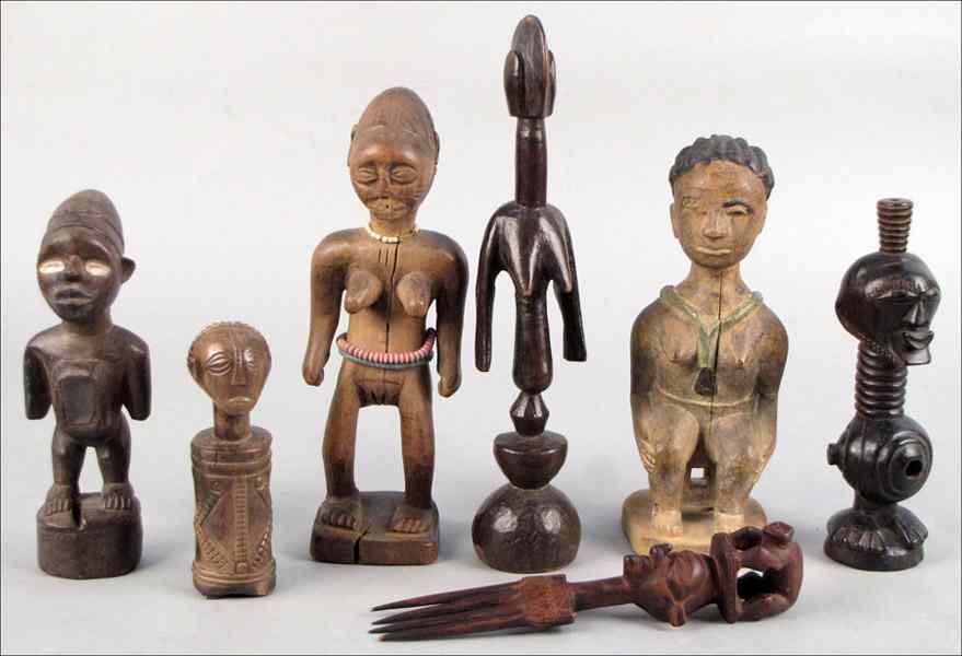 Appraisal: GROUP OF AFRICAN ARVED WOOD FIGURES Including a Hemba doll