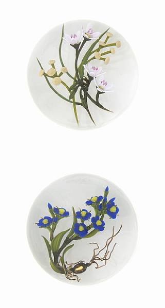 Appraisal: Two Chris Buzzini floral glass paperweights - the first engraved