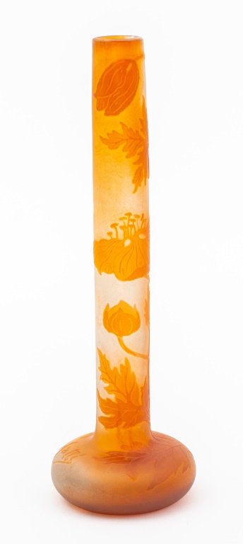 Appraisal: EMILE GALLE AMBER CAMEO GLASS STICK VASE Emile Galle French