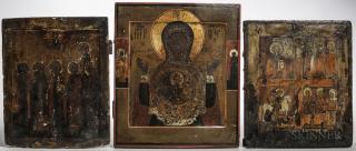 Appraisal: Three Russian Icons two with kovcheg panels one featuring six