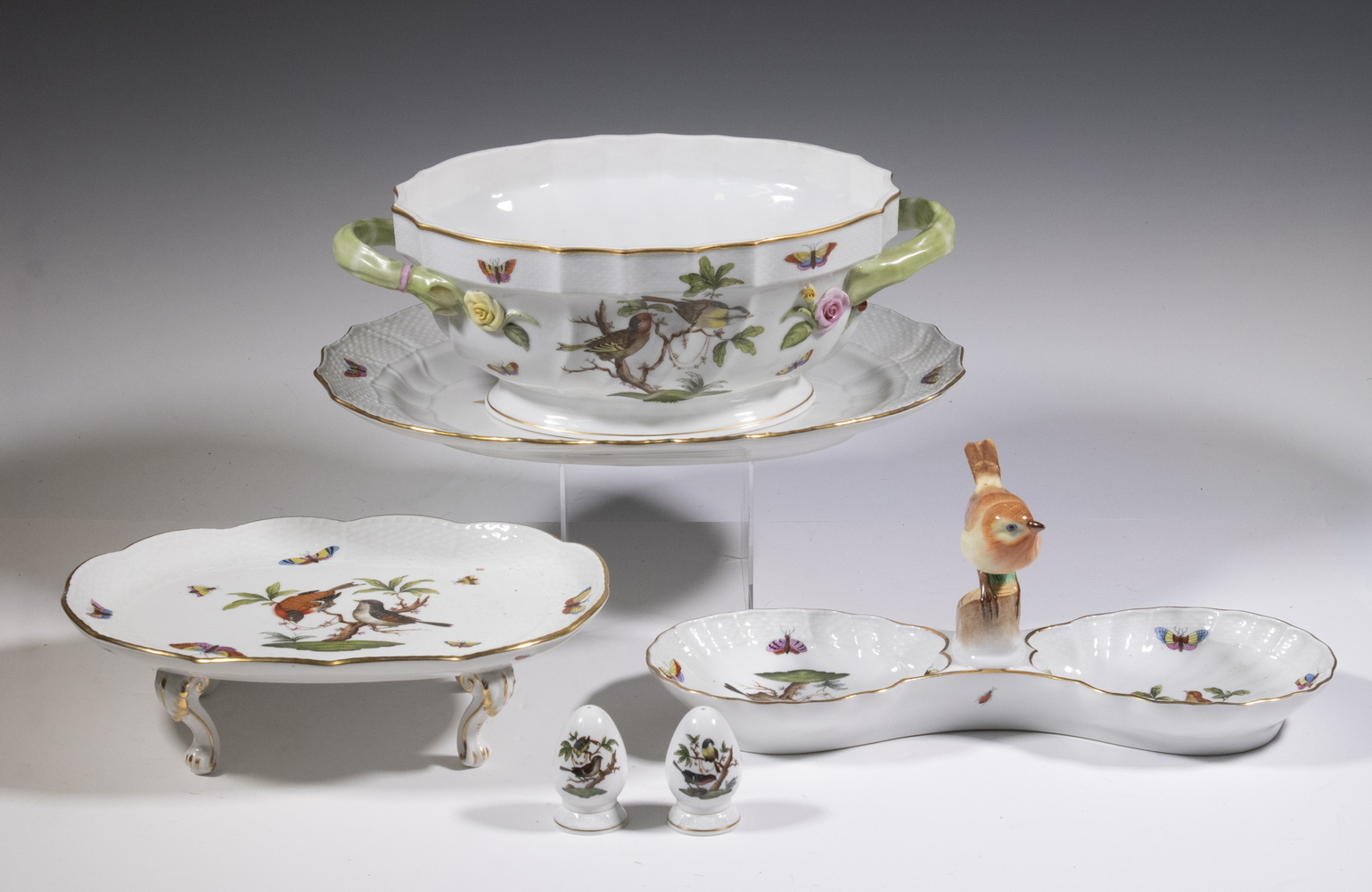 Appraisal: HEREND ROTHSCHILD BIRD SERVING PCS Group of Hungarian Handpainted Porcelain