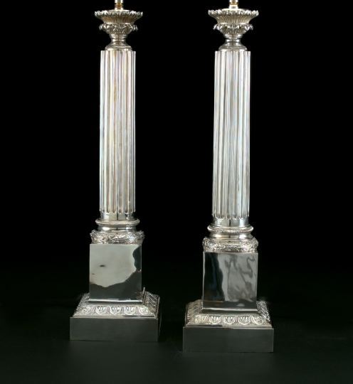 Appraisal: Tall Pair of English Silverplate Fluted Columnar Table Lamps the