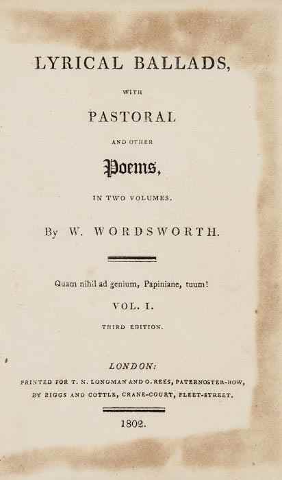 Appraisal: Worsdworth William Lyrical Ballads with Pastoral and other Poems vol