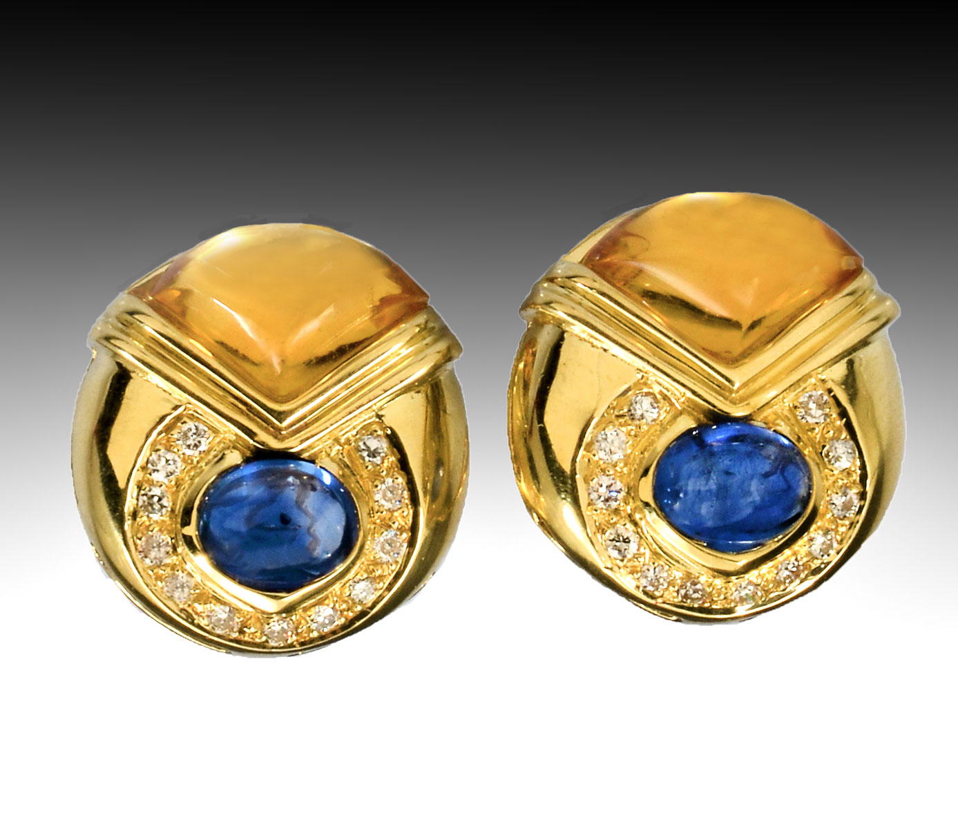 Appraisal: K SAPPHIRE CITRINE EARRINGS WITH DIAMONDS round brilliant cut diamonds