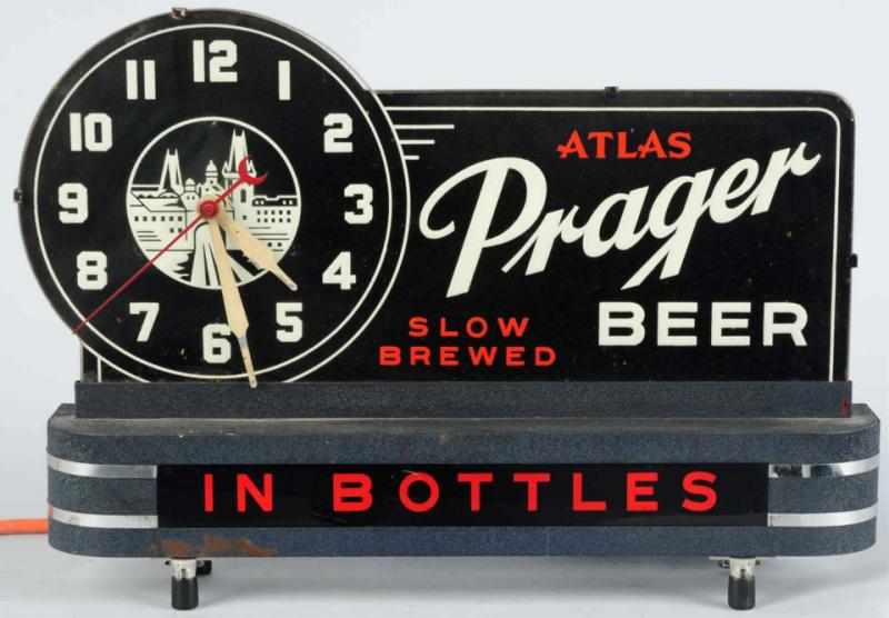 Appraisal: Atlas Prager Beer Reverse Glass Clock Sign Embossed lettering on