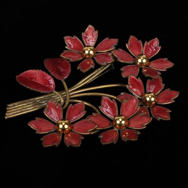 Appraisal: Large Unmarked Red Enamel Floral Gold Tone Brooch Pin