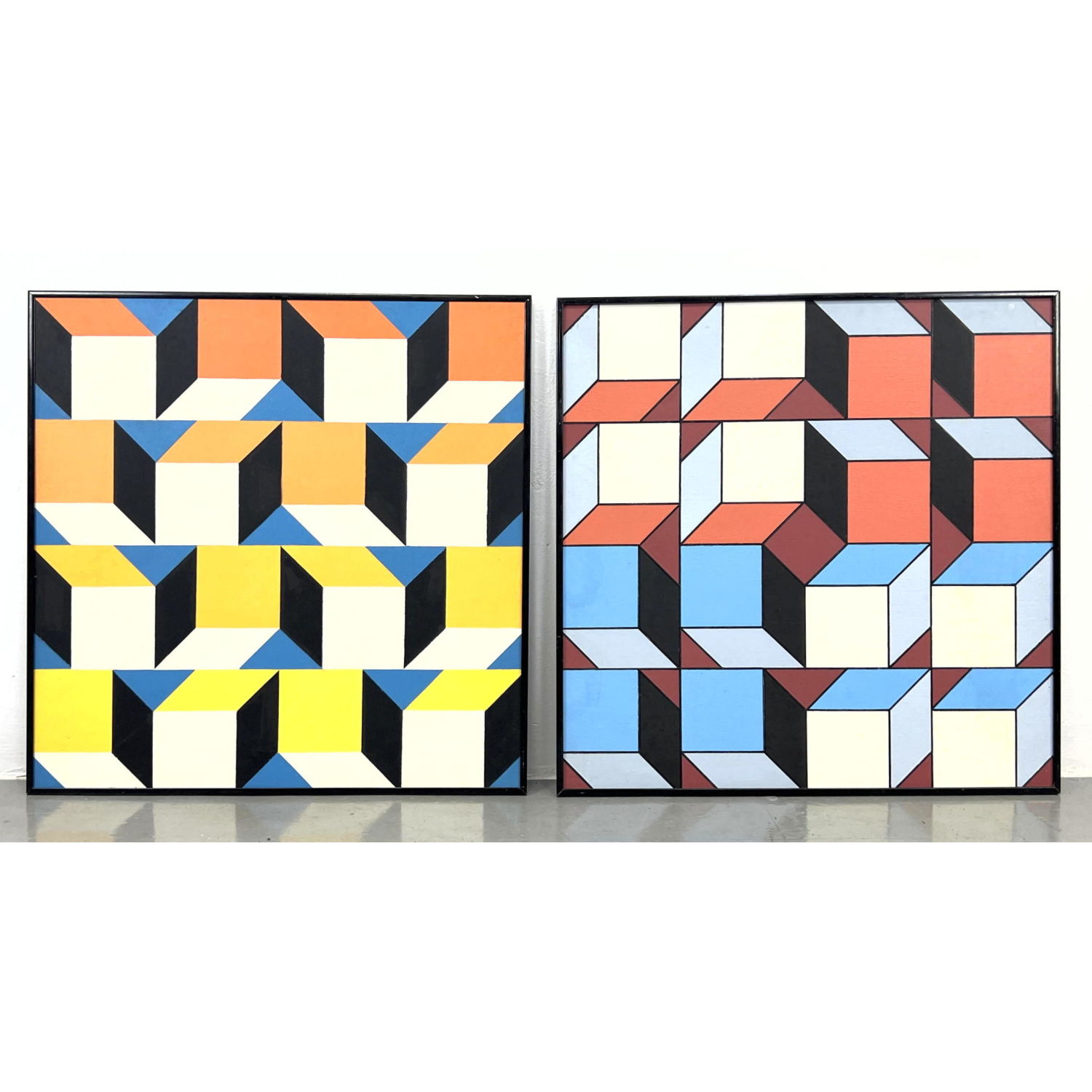 Appraisal: Pair J H HENIG Geometric Acrylic Paintings on Board Op