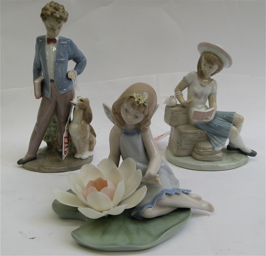 Appraisal: THREE LLADRO GLAZED PORCELAIN FIGURINES including Lilly pad Love from