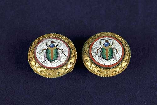 Appraisal: PAIR OF FINE MICRO-MOSAIC BEETLE BUTTONS Antique buttons have brass