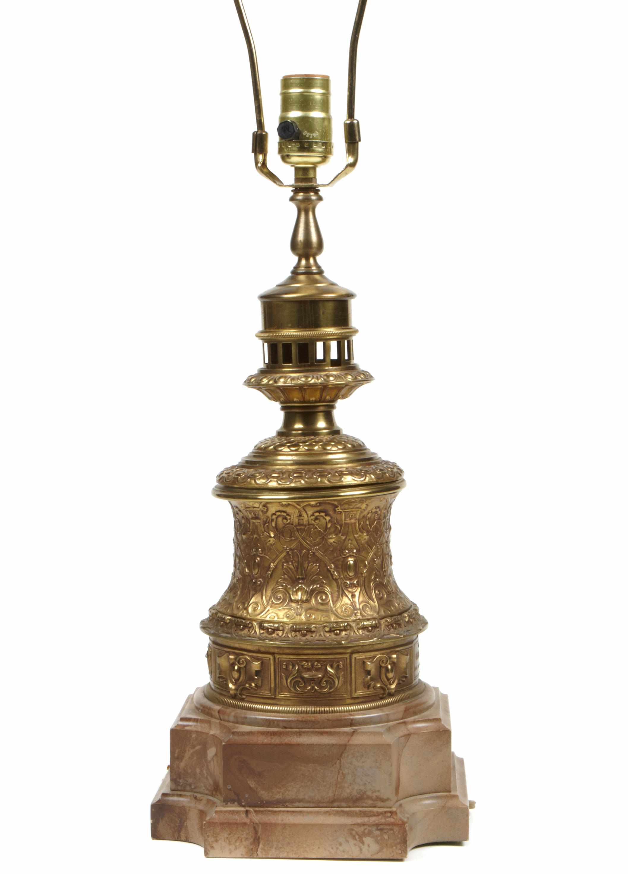 Appraisal: A French gilt metal repouss decorated table lamp overall height