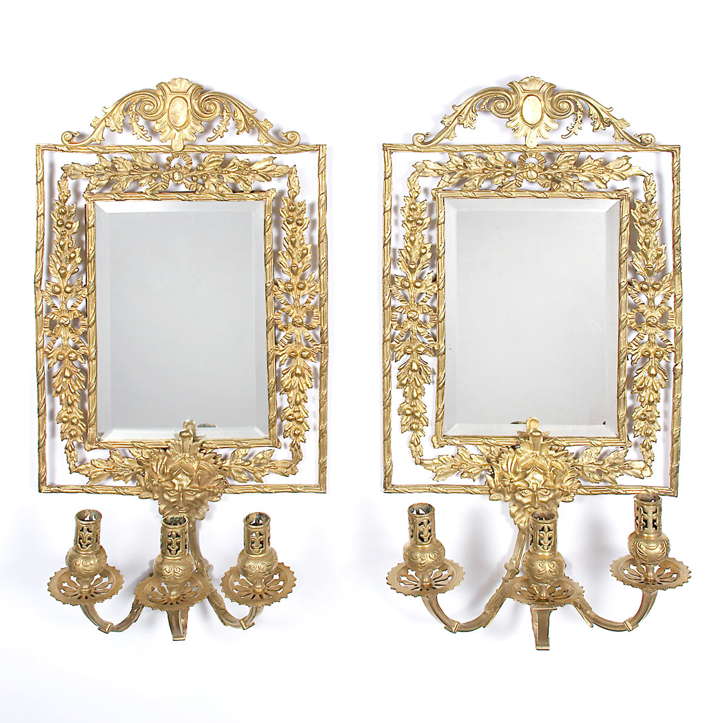 Appraisal: Pair of Louis XVI Style Gilt-Metal Girandole Mirrors Each rectangular