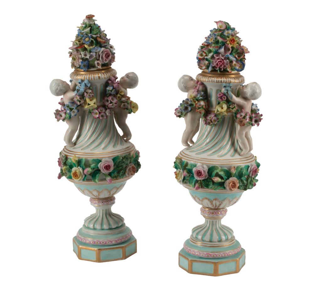 Appraisal: Pair of Meissen Polychrome and Gilt Porcelain Covered Urns th