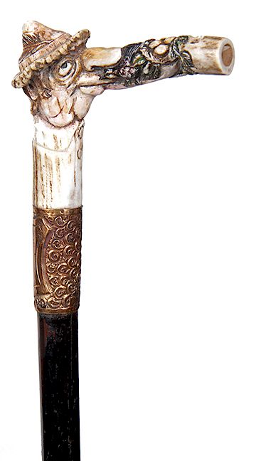 Appraisal: Woodsman s Bird Whistle Cane- Ca - carved antler handle