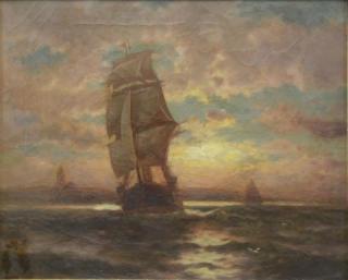 Appraisal: Signed th C Oil on Canvas Ship at Dusk Indistinctly