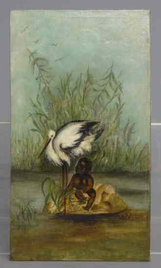 Appraisal: th c oil on canvas African American boy with stork