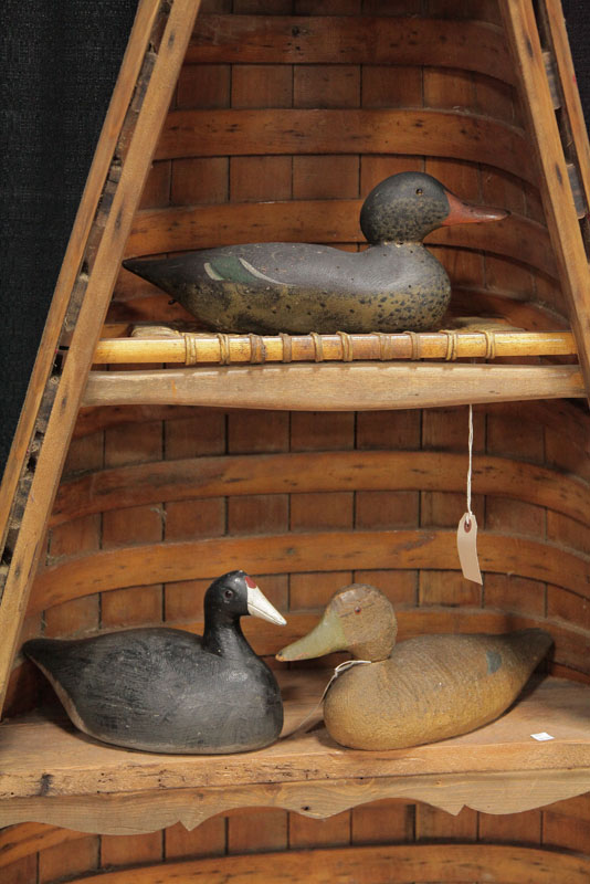 Appraisal: THREE DUCK DECOYS Carved and polychrome painted wood decoys Coot