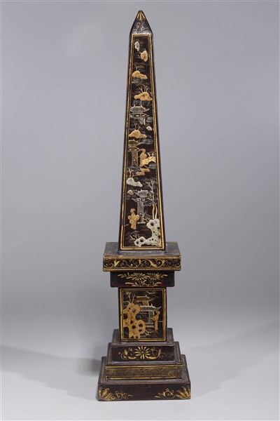 Appraisal: Tall Chinese gilt and lacquer wood obelisk with numerous figures