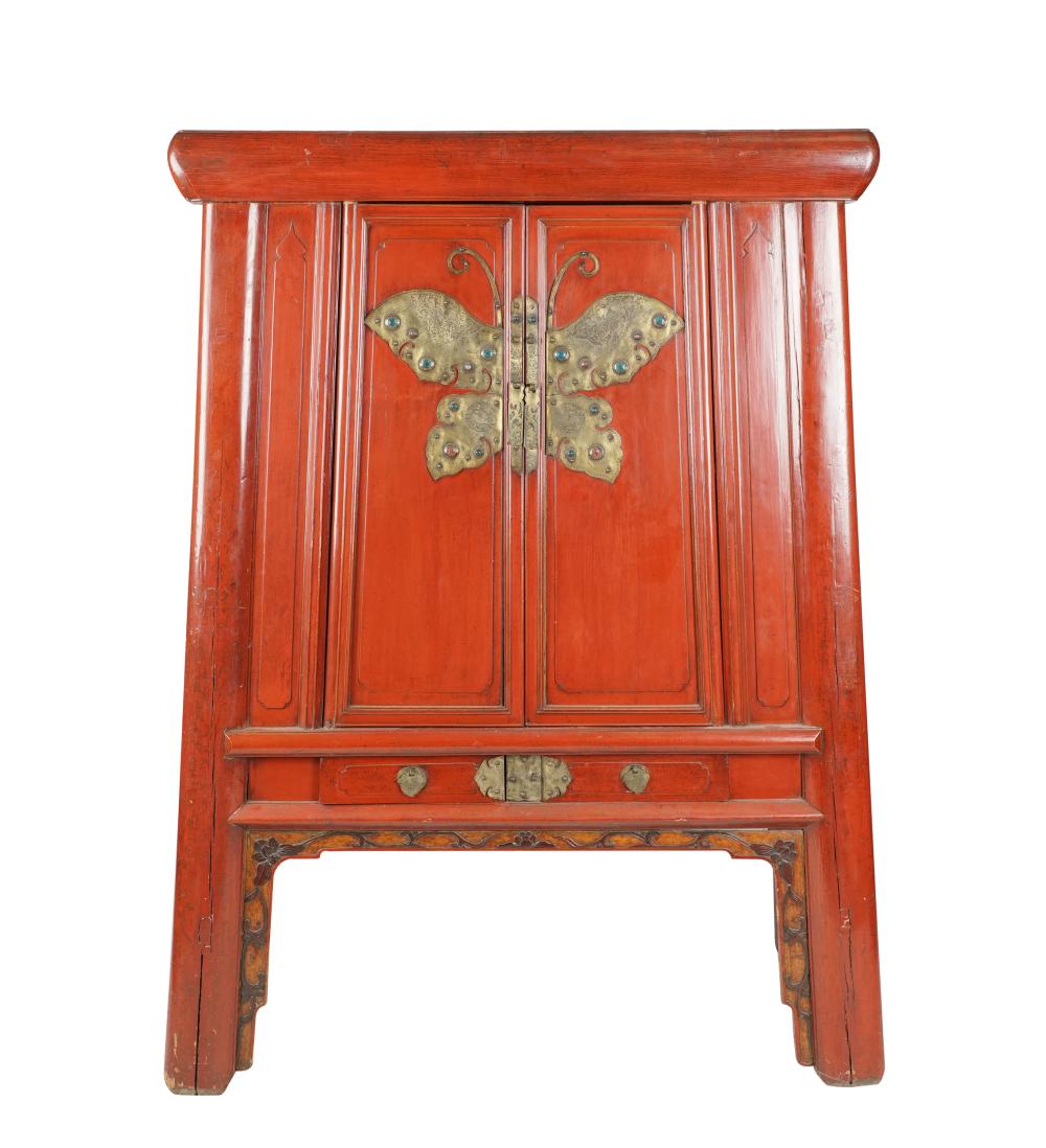 Appraisal: ASIAN RED-PAINTED CABINETthe hinged doors mounted with a stone-inset metal