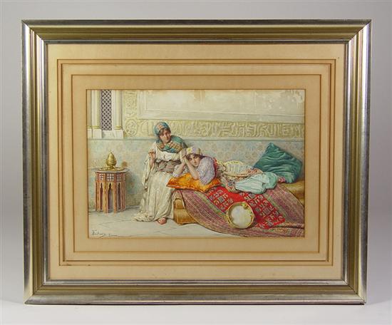 Appraisal: Orientalist Watercolor on Paper Two young women relaxing on Oriental