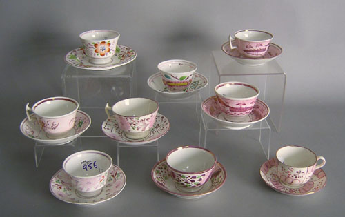 Appraisal: Nine pink luster cups and saucers th c