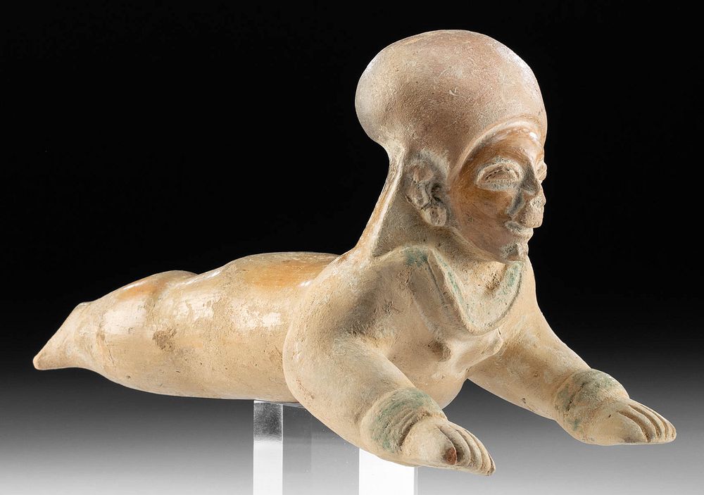 Appraisal: Jamacoaque Polychrome Prone Female Figure First Time At Auction Pre-Columbian