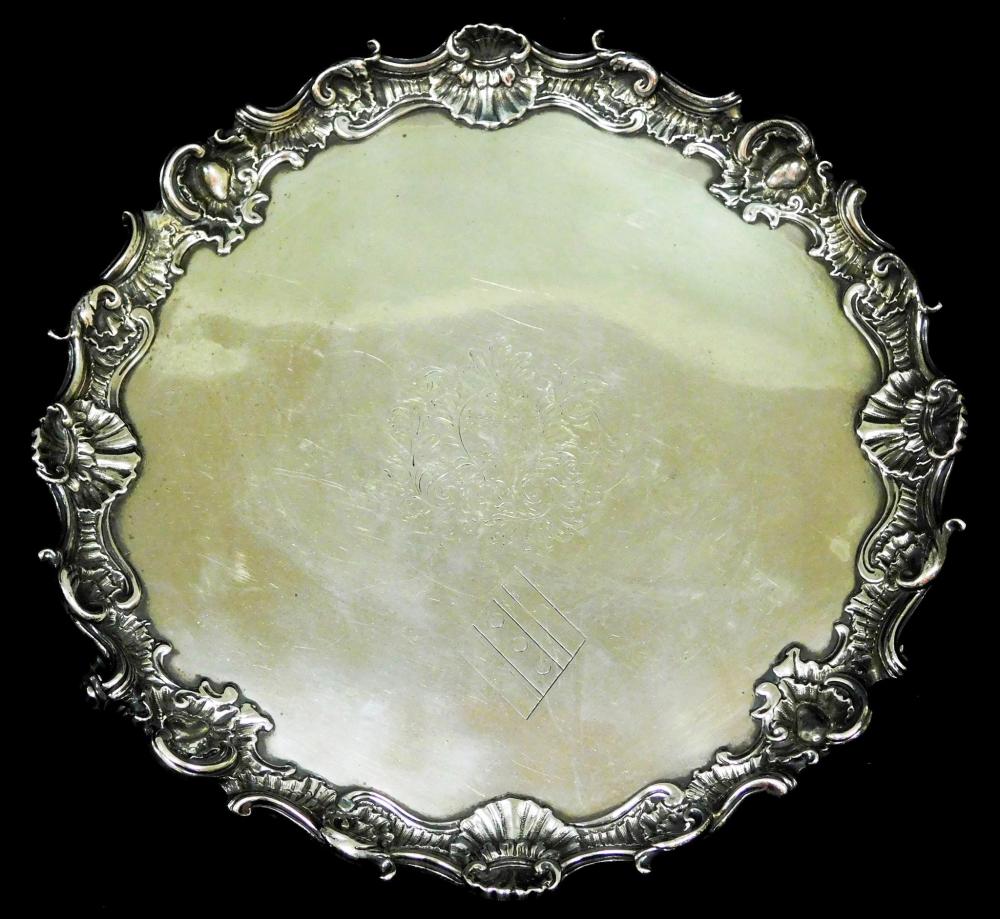 Appraisal: STERLING English sterling silver salver George I London ornate shell