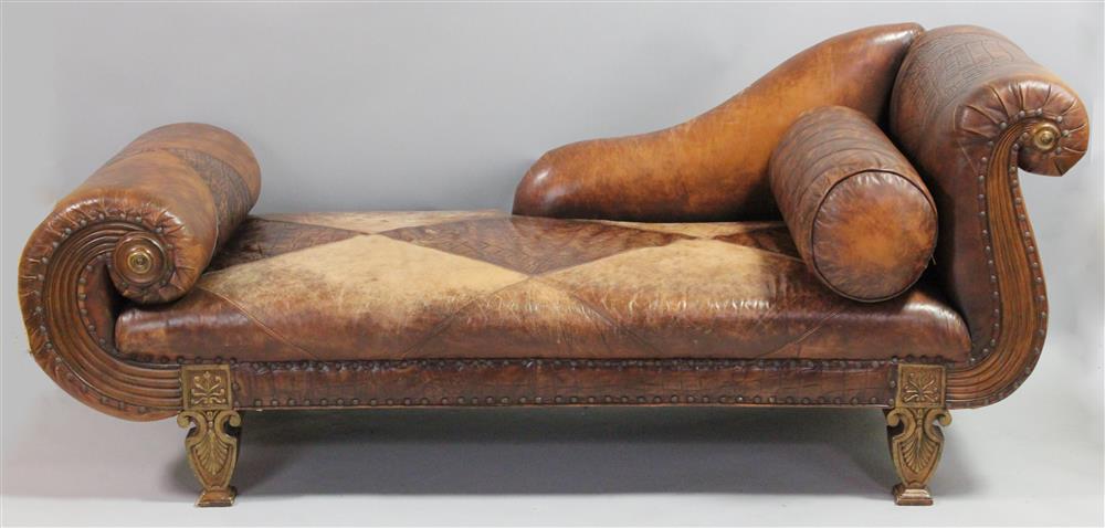 Appraisal: OVERSTUFFED CLASSICAL STYLE BROWN LEATHER CHAISE having a shaped and