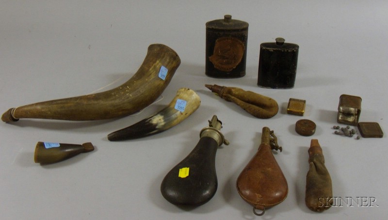 Appraisal: Three Powder Horns Six Leather and Tin Shot Flasks and