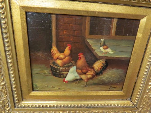 Appraisal: Oil Paintings on Chickens and Pigeons in Barnyard on board