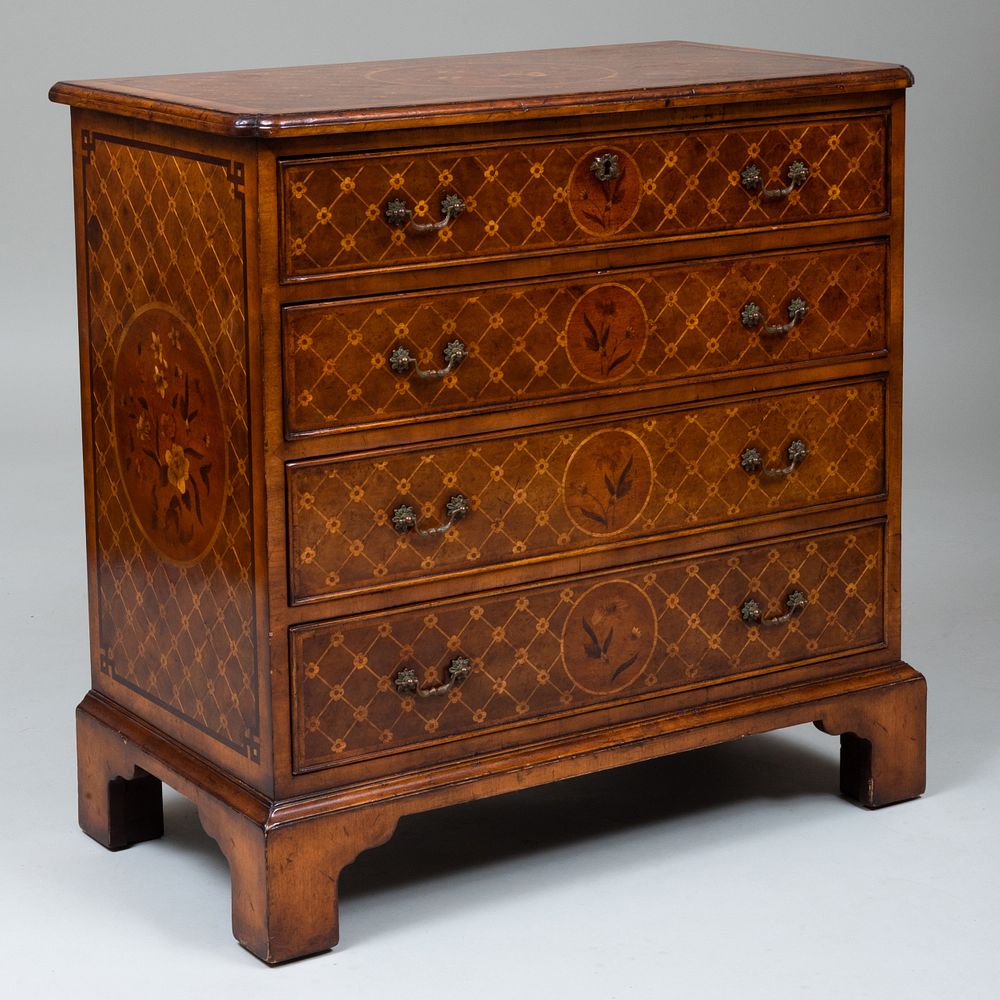 Appraisal: George III Style Burlwood and Fruitwood Trellis Parquetry Chest of