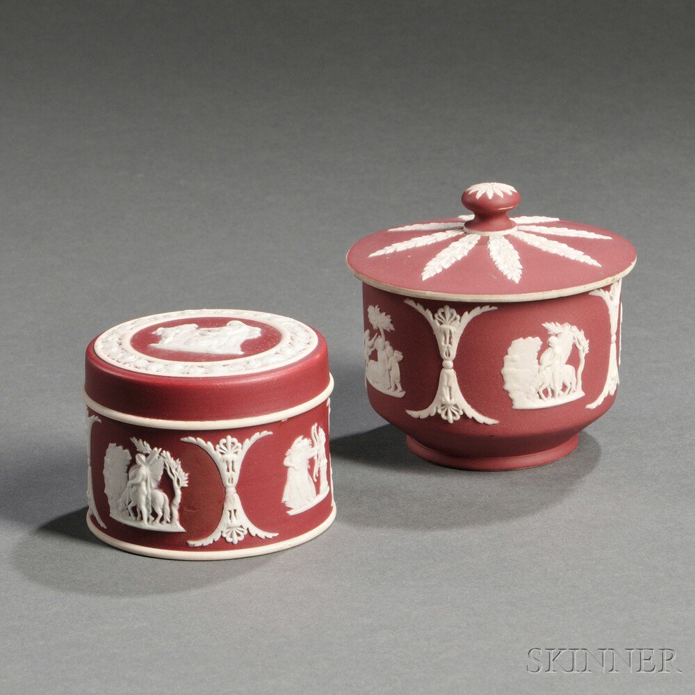 Appraisal: Two Wedgwood Crimson Jasper Dip Covered Jars England c applied