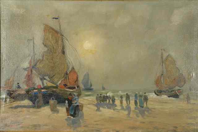 Appraisal: Phillippe BuhleFisher folk and sailing vessels on the shore at