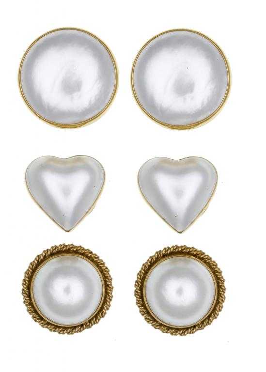 Appraisal: THREE PAIRS OF CULTURED PEARL EARRINGS one of heart shape