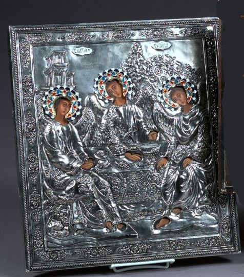 Appraisal: Russian Polychromed Wooden Ikon of three angels at a feast