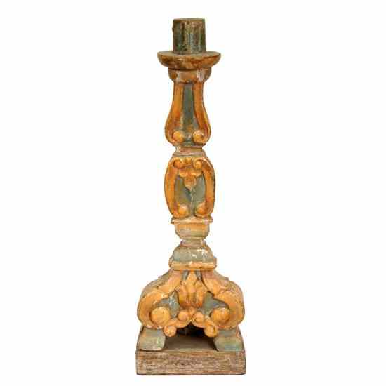 Appraisal: An Indo-Portuguese Baroque Painted Teak Candlestick th century having wide