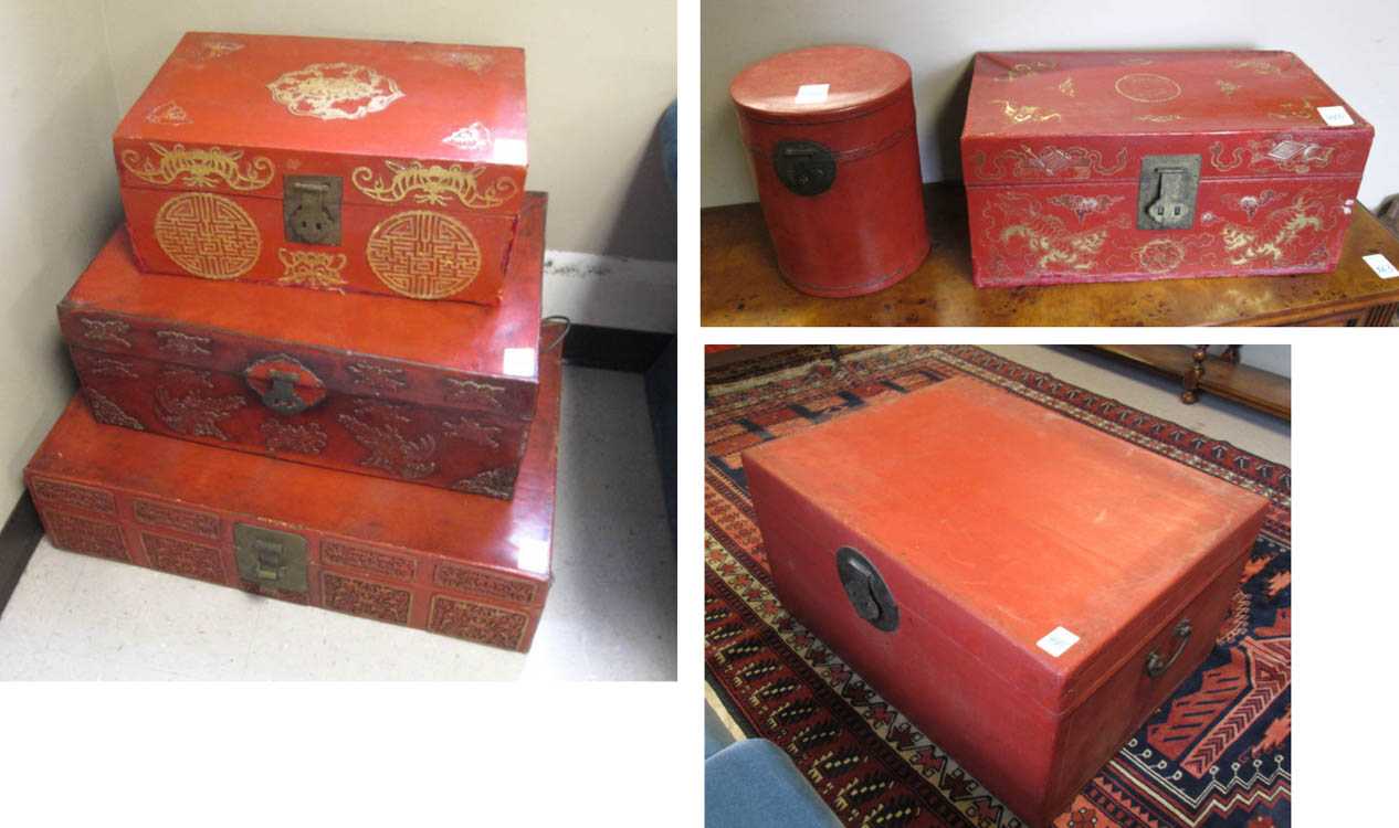 Appraisal: SIX CHINESE RED LEATHER STORAGE BOXES including five rectangular lift