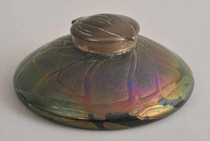 Appraisal: LOETZ-TYPE BRASS-MOUNTED IRIDESCENT GLASS INKWELL Of flattened funnel form the