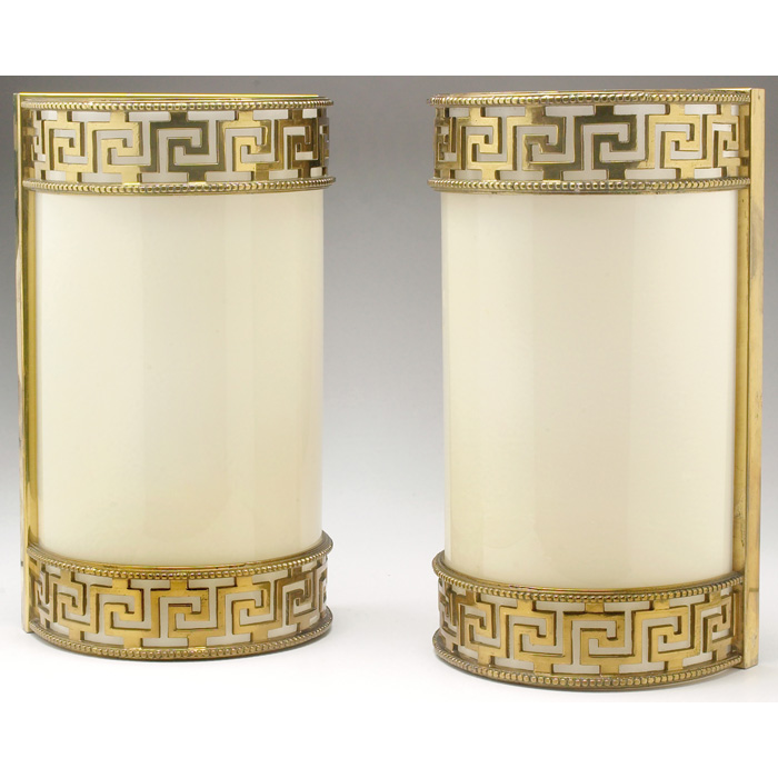 Appraisal: Art Deco sconces pair geometric design in brass with white