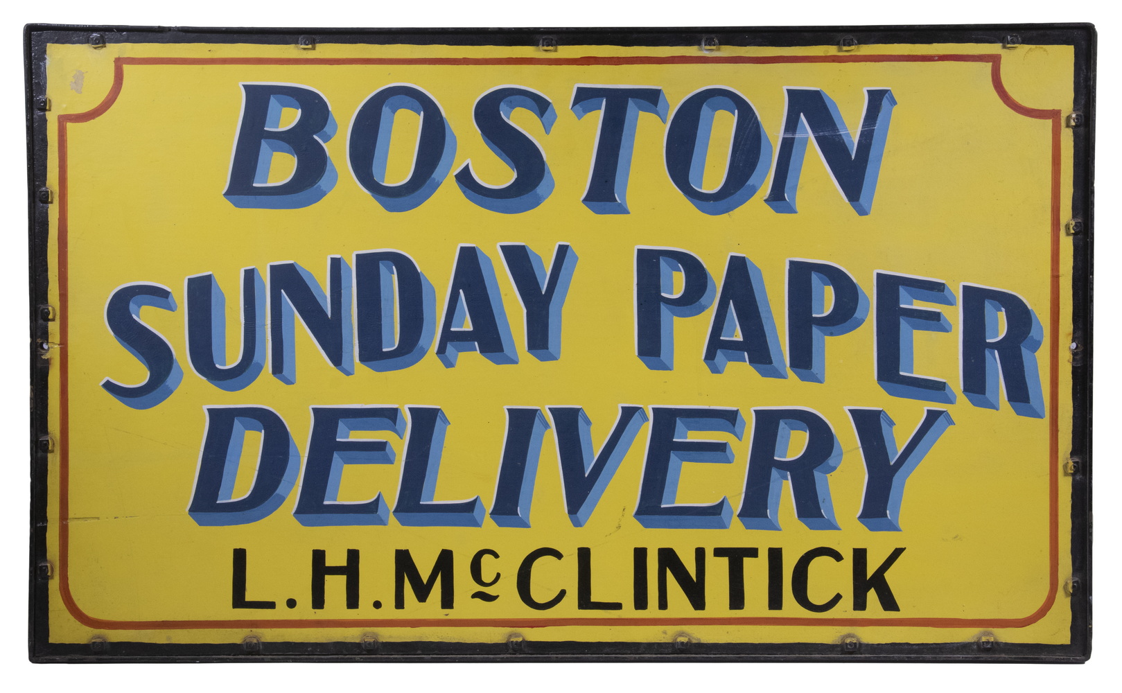 Appraisal: STOREFRONT BOSTON NEWSPAPER SIGN Single-sided Boston Sunday Newspaper Delivery L