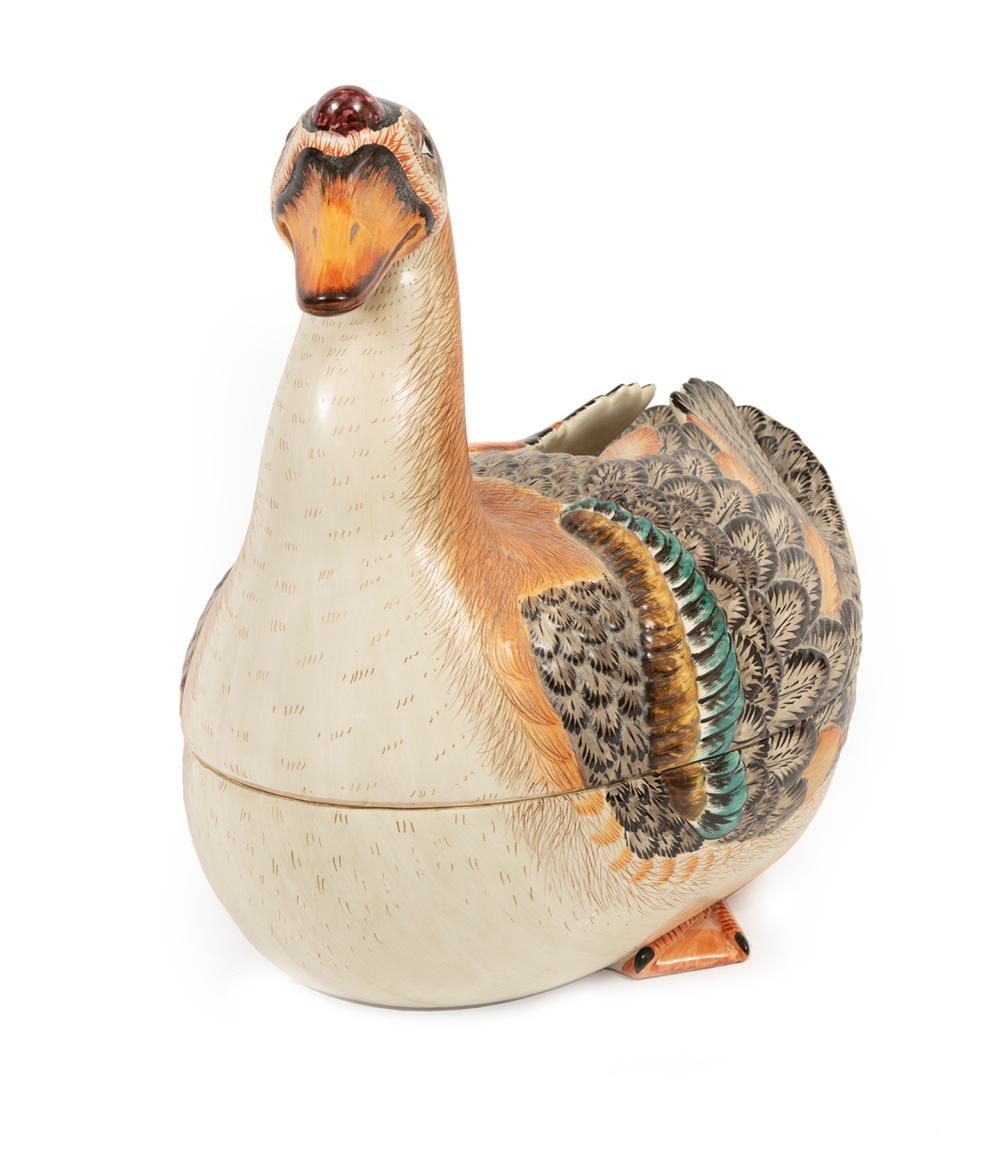 Appraisal: MOTTAHEDEH POLYCHROME PORCELAIN GOOSE TUREENMottahedeh Polychrome Porcelain Goose Tureen base