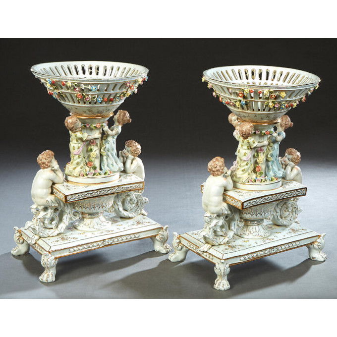 Appraisal: Pair of Dresden Style Porcelain Figural Center Bowls th c